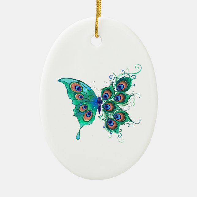 Butterfly with Green Peacock Feathers Ceramic Ornament (Front)