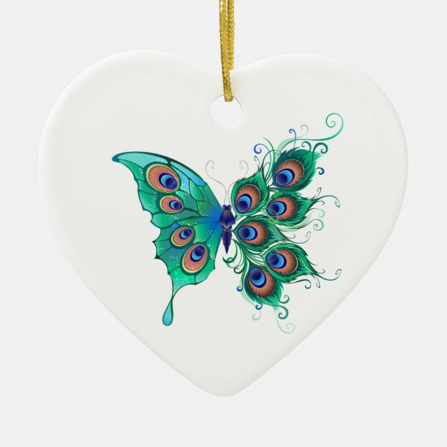 Butterfly with Green Peacock Feathers Ceramic Ornament (Front)