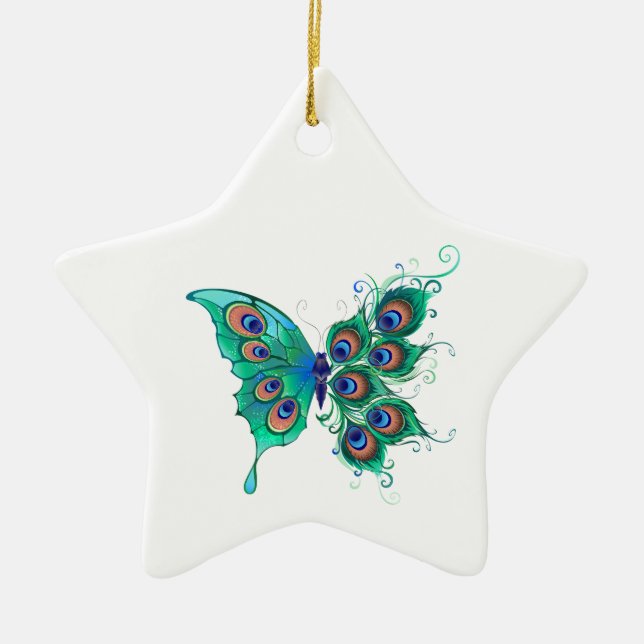 Butterfly with Green Peacock Feathers Ceramic Ornament (Front)