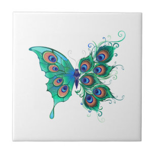 Butterfly with Green Peacock Feathers Ceramic Tile