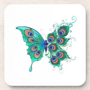 Butterfly with Green Peacock Feathers Coaster