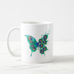 Butterfly with Green Peacock Feathers Coffee Mug