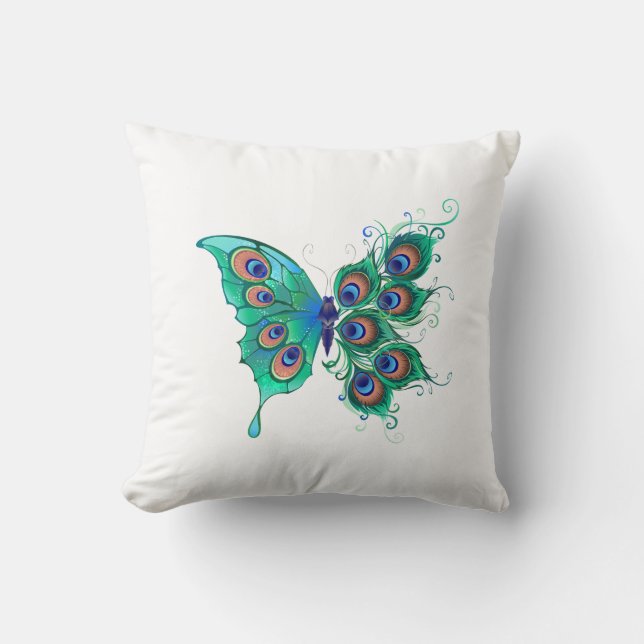 Butterfly with Green Peacock Feathers Cushion (Front)