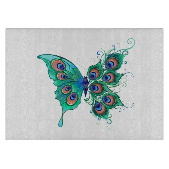 Butterfly with Green Peacock Feathers Cutting Board (Front)