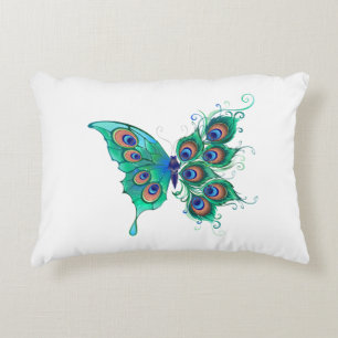 Butterfly with Green Peacock Feathers Decorative Cushion