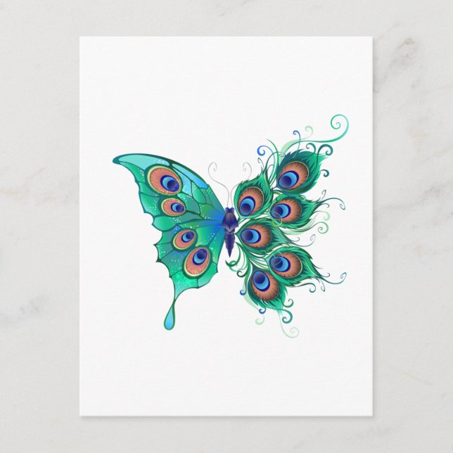 Butterfly with Green Peacock Feathers Enclosure Card (Front)