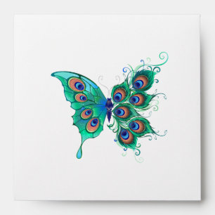 Butterfly with Green Peacock Feathers Envelope