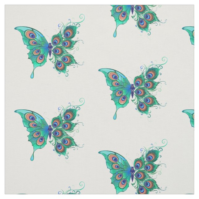 Butterfly with Green Peacock Feathers Fabric (Swatch)