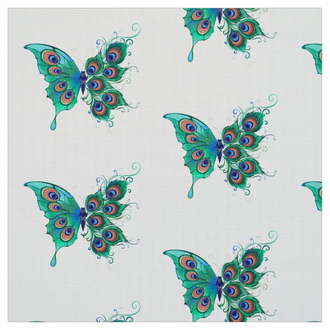 Butterfly with Green Peacock Feathers Fabric (Swatch)