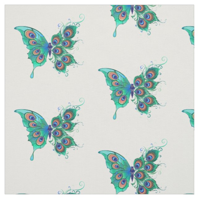 Butterfly with Green Peacock Feathers Fabric (Swatch)