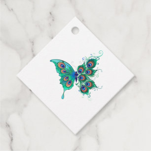 Butterfly with Green Peacock Feathers Favour Tags