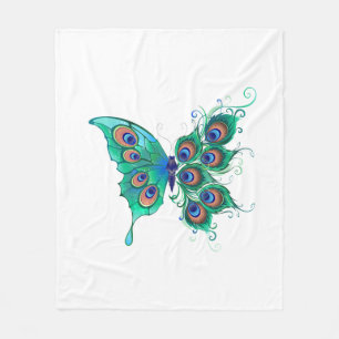 Butterfly with Green Peacock Feathers Fleece Blanket