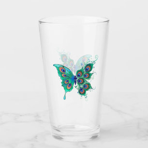 Butterfly with Green Peacock Feathers Glass