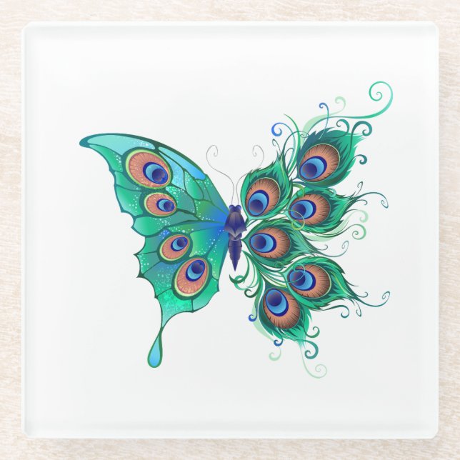 Butterfly with Green Peacock Feathers Glass Coaster (Front)