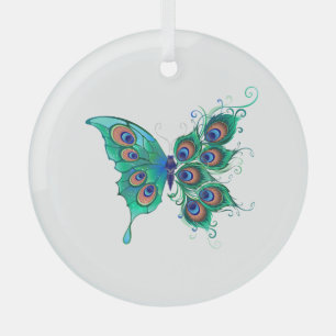 Butterfly with Green Peacock Feathers Glass Tree Decoration