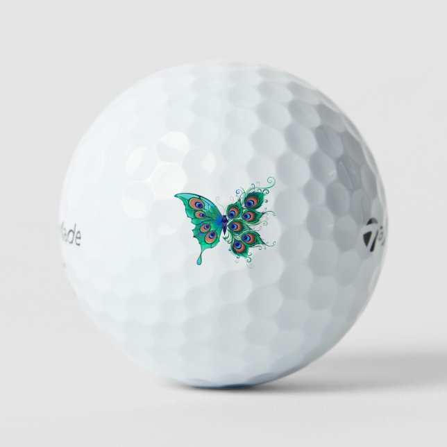 Butterfly with Green Peacock Feathers Golf Balls (Front)