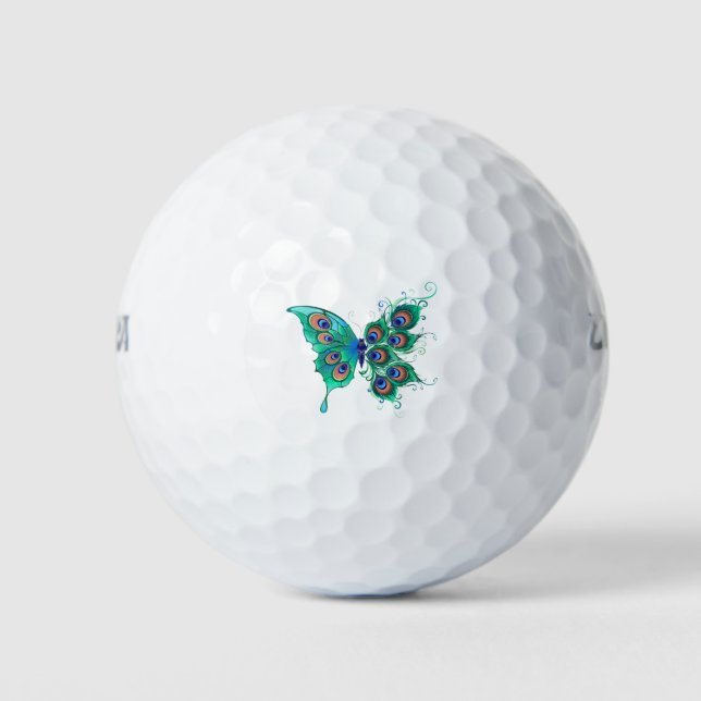 Butterfly with Green Peacock Feathers Golf Balls (Front)