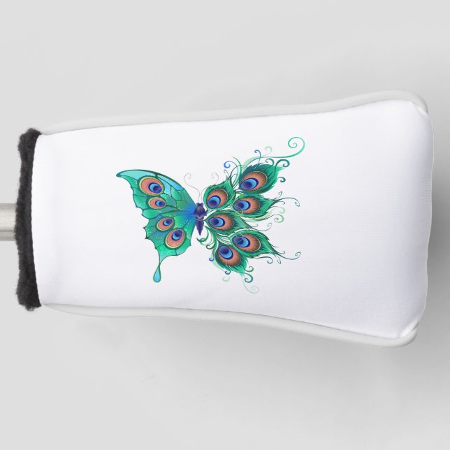 Butterfly with Green Peacock Feathers Golf Head Cover (Front)