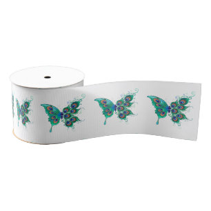 Butterfly with Green Peacock Feathers Grosgrain Ribbon
