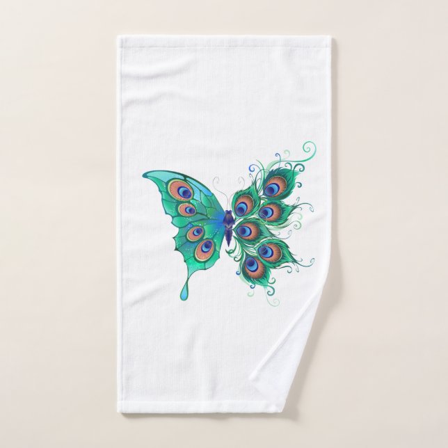 Butterfly with Green Peacock Feathers Hand Towel (Hand Towel)