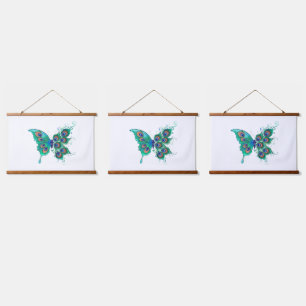 Butterfly with Green Peacock Feathers Hanging Tapestry