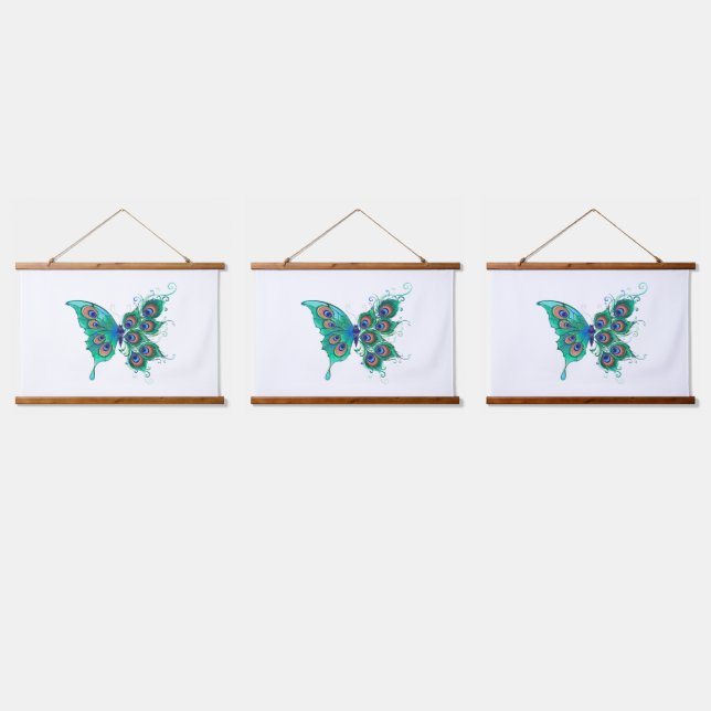 Butterfly with Green Peacock Feathers Hanging Tapestry (Triple)