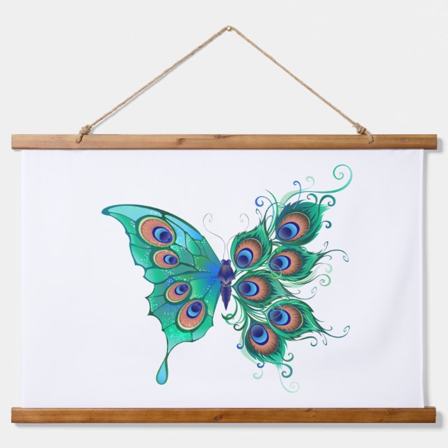 Butterfly with Green Peacock Feathers Hanging Tapestry (Front)