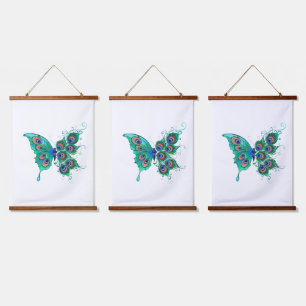Butterfly with Green Peacock Feathers Hanging Tapestry