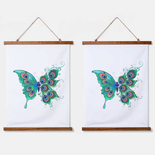 Butterfly with Green Peacock Feathers Hanging Tapestry (Double)