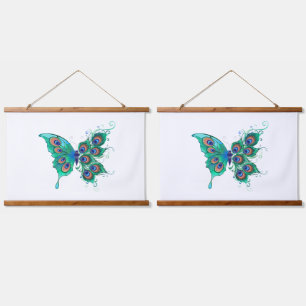 Butterfly with Green Peacock Feathers Hanging Tapestry