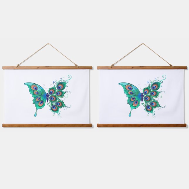 Butterfly with Green Peacock Feathers Hanging Tapestry (Double)