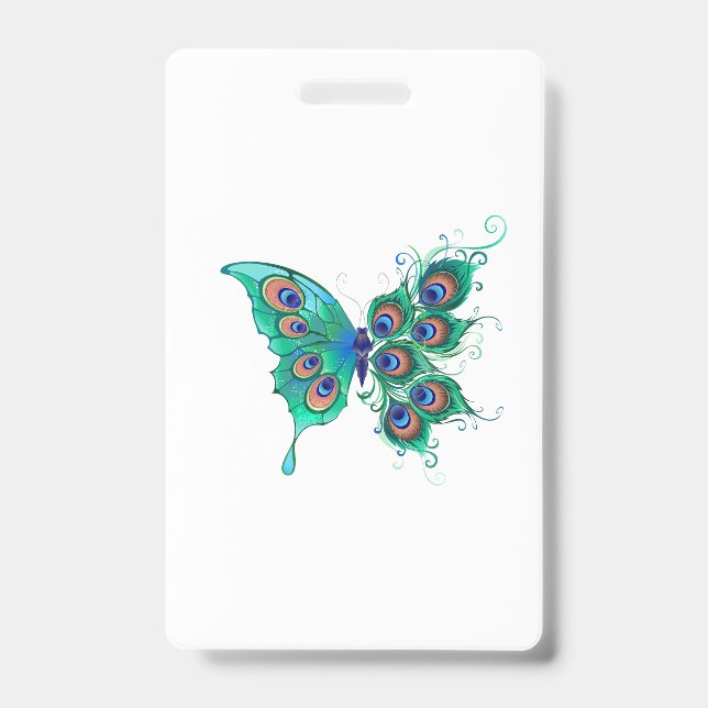 Butterfly with Green Peacock Feathers ID Badge (Front)