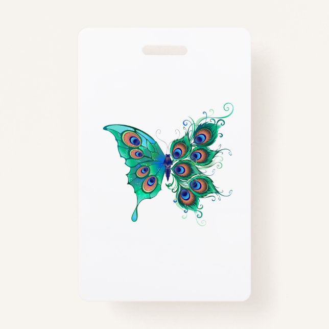 Butterfly with Green Peacock Feathers ID Badge (Front)