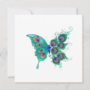 Butterfly with Green Peacock Feathers Invitation