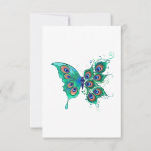 Butterfly with Green Peacock Feathers Invitation