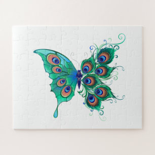 Butterfly with Green Peacock Feathers Jigsaw Puzzle