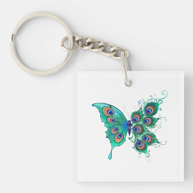 Butterfly with Green Peacock Feathers Key Ring (Front)