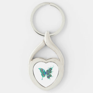 Butterfly with Green Peacock Feathers Key Ring