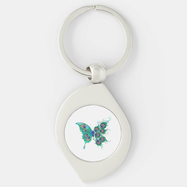 Butterfly with Green Peacock Feathers Key Ring (Front)