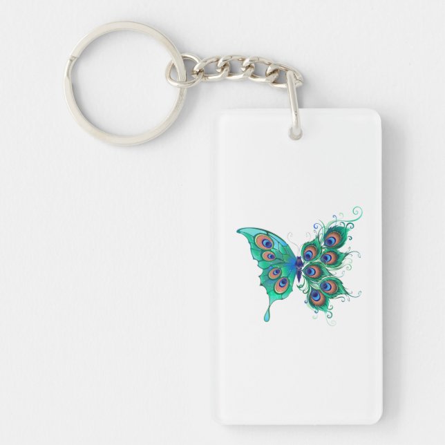 Butterfly with Green Peacock Feathers Key Ring (Front)