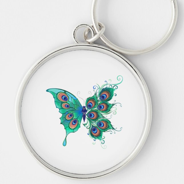 Butterfly with Green Peacock Feathers Key Ring (Front)
