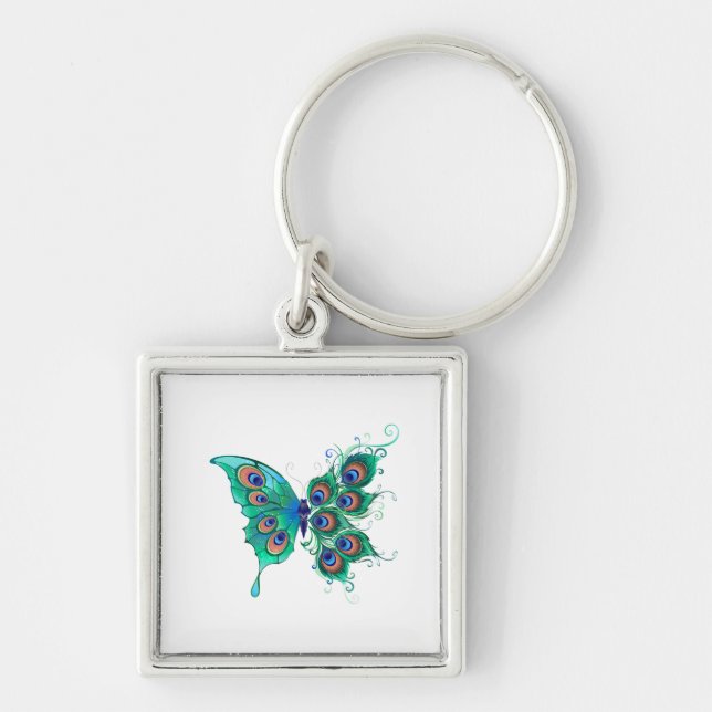 Butterfly with Green Peacock Feathers Key Ring (Front)
