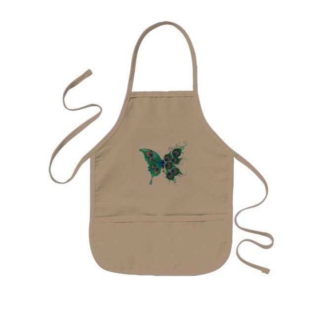 Butterfly with Green Peacock Feathers Kids Apron (Front)