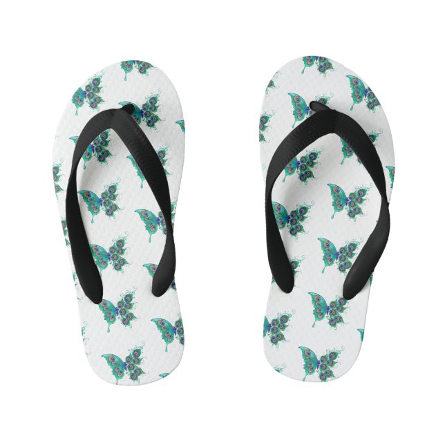Butterfly with Green Peacock Feathers Kid's Thongs (Footbed)