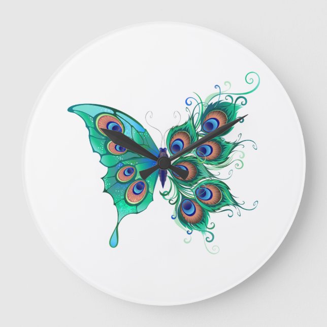 Butterfly with Green Peacock Feathers Large Clock (Front)
