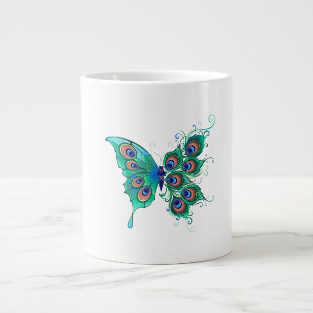 Butterfly with Green Peacock Feathers Large Coffee Mug (Front)
