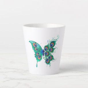 Butterfly with Green Peacock Feathers Latte Mug