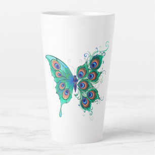 Butterfly with Green Peacock Feathers Latte Mug