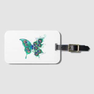 Butterfly with Green Peacock Feathers Luggage Tag