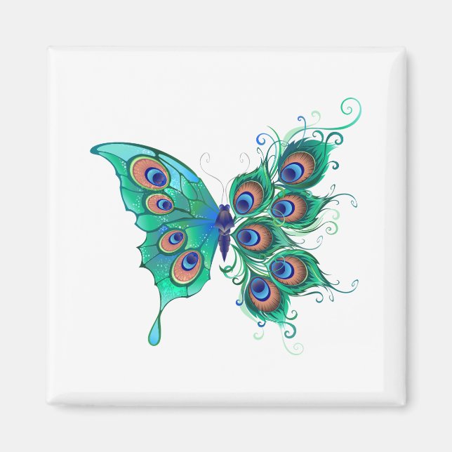 Butterfly with Green Peacock Feathers Magnet (Front)